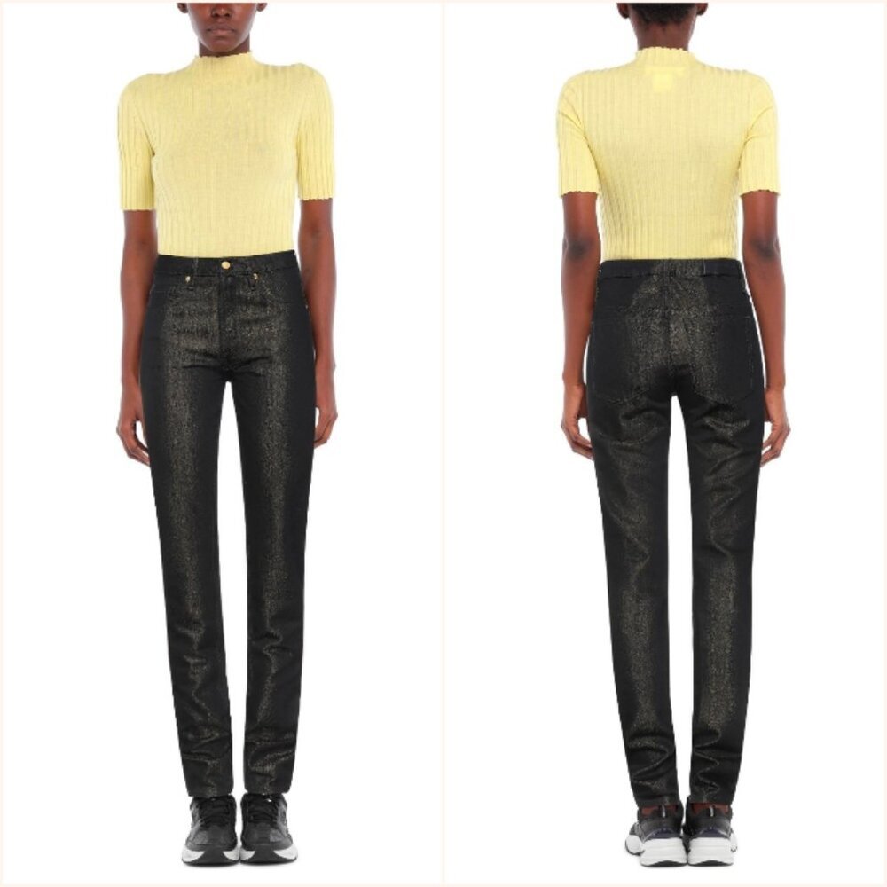 NWT Victoria Beckham Black/Gold Metallic Straight Leg Rigid Denim Jeans Pants 27
